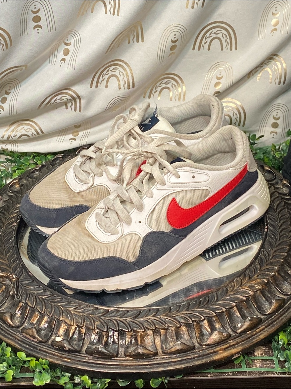 Nike Men’s Beige Cream Navy Sneakers with Red Swoosh